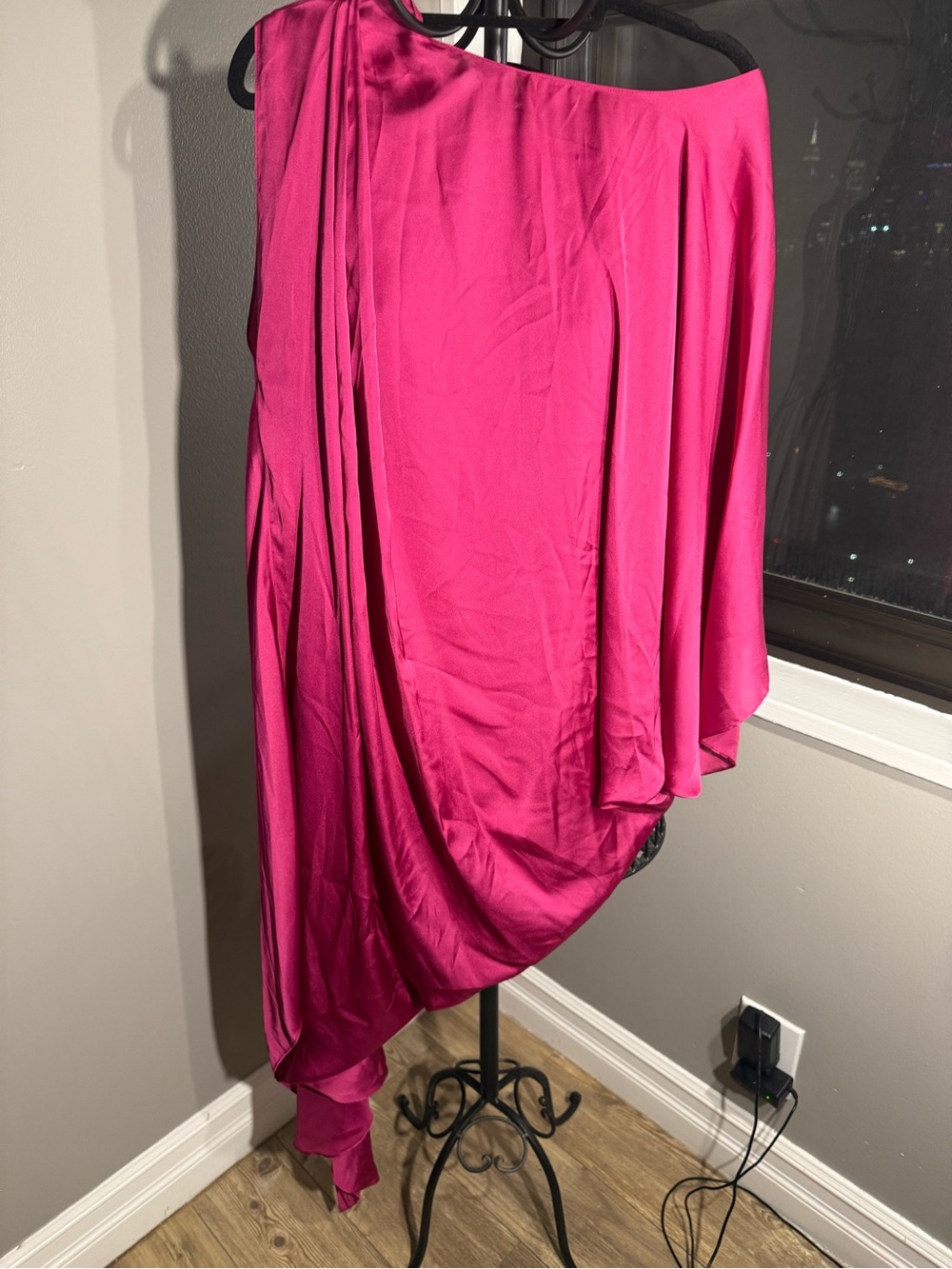 Asymmetrical One-Shoulder Draped Skirt in Bright Fuchsia